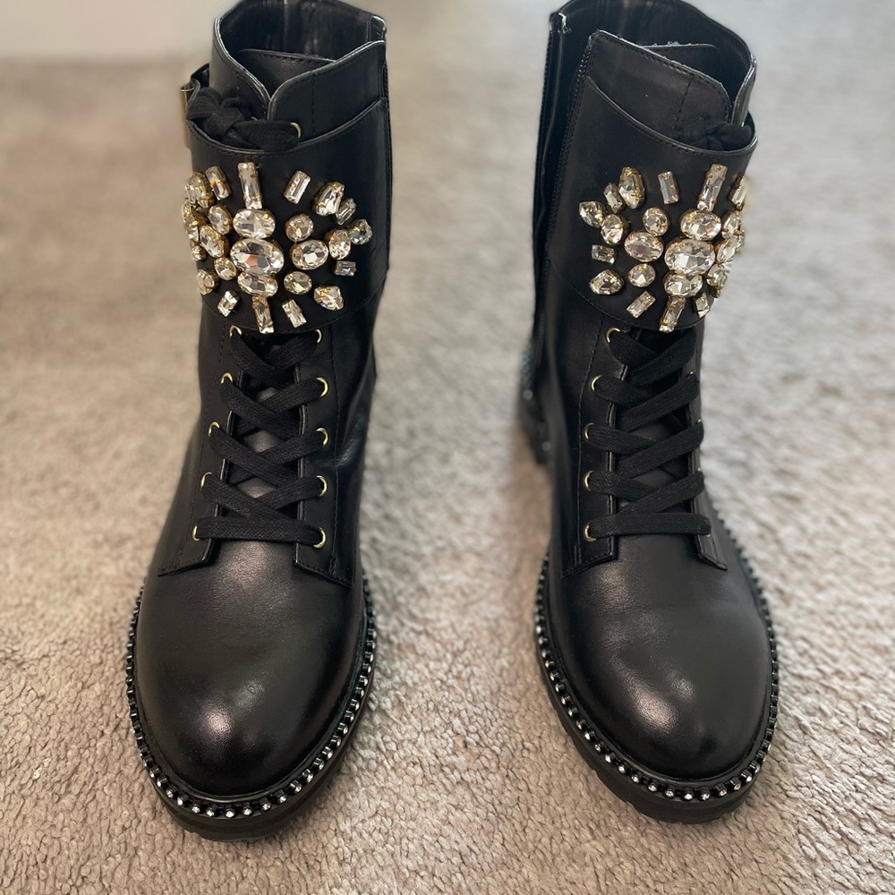Kurt Geiger Black Leather Sparkly Combat Boots